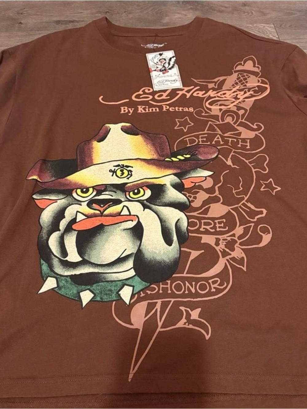 NWT Ed Hardy By Kim Petras Brown Bulldog Tattoo Graphic Tee